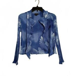Blue Floral Long Sleeve Women's Top with Ruffle Collar